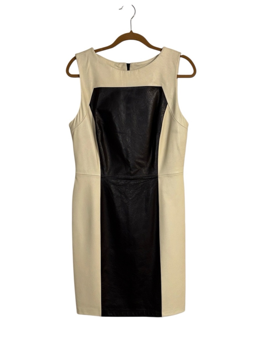 Antonio Melani Sleeveless Leather Cream and Black Colorblock Sheath Dress